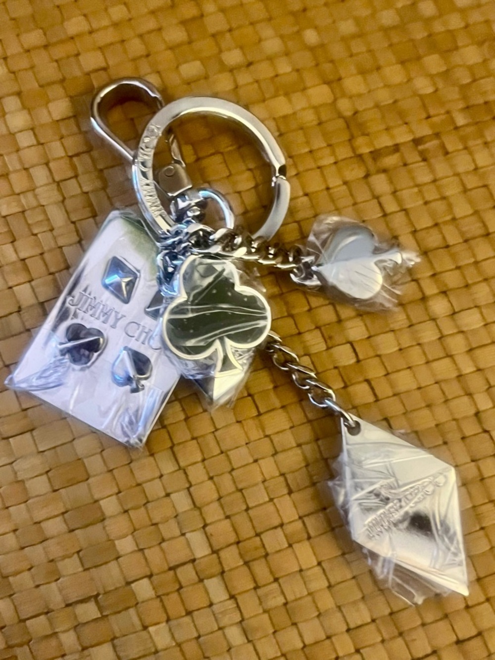 NWOT Jimmy Choo Silver-Tone Playing Card & Clover Charm Keyring/Bagcharm